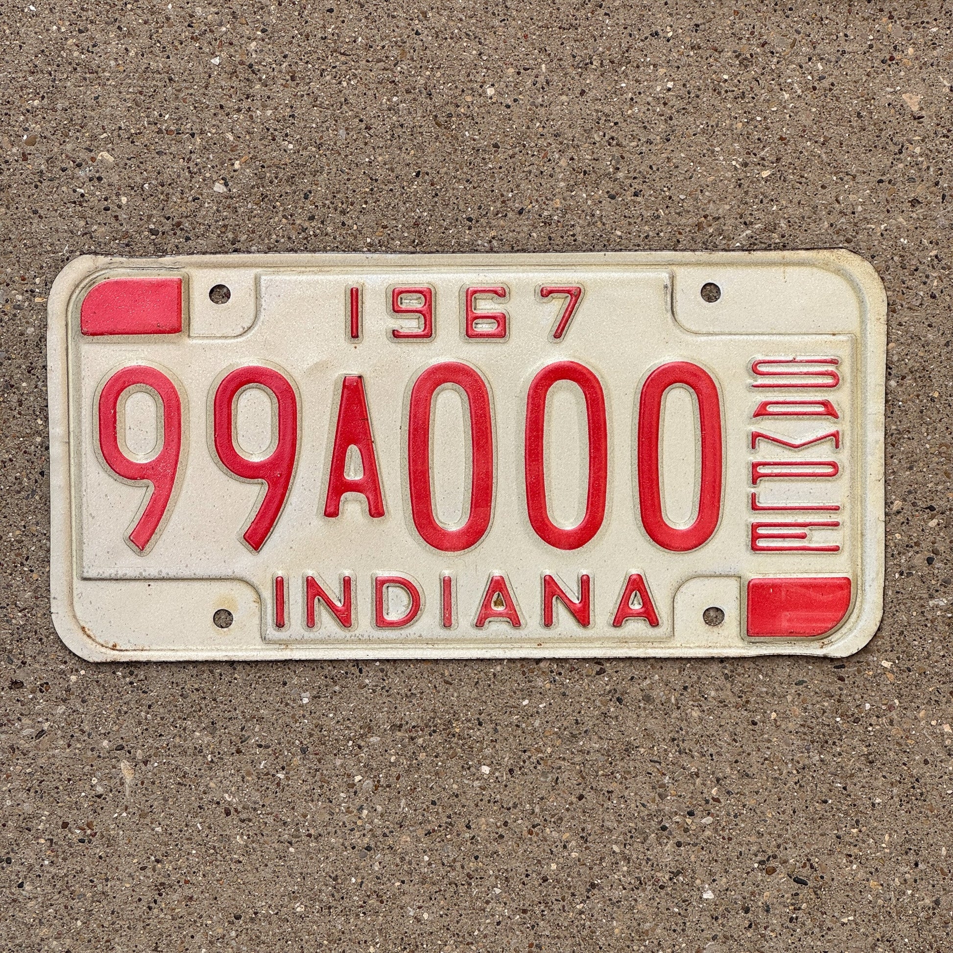 Photo of a 1967 Indiana Sample License Plate Auto Tag 2 Garage Decor 99A000 with original patina