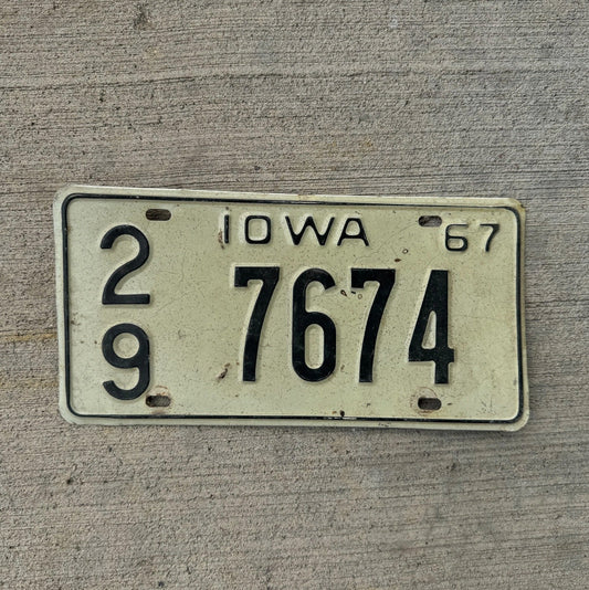 Photo of a 1967 Iowa License Plate Auto Tag Garage Decor Vintage White 29 7674
