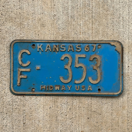 Photo of a 1967 Kansas License Plate Auto Tag Garage Decor Vintage CF 353 with original patina