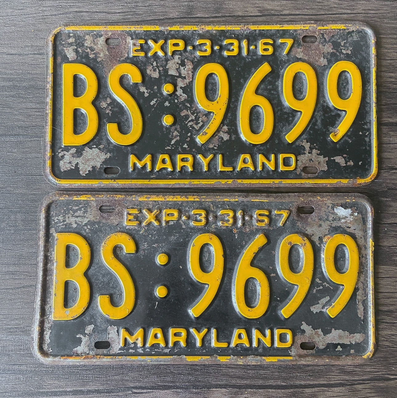 Photo of a 1967 Maryland License Plate Pair Auto Tag Garage Decor Vintage Bad Paint Year BS 9699 with original patina
