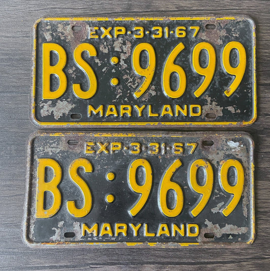 Photo of a 1967 Maryland License Plate Pair Auto Tag Garage Decor Vintage Bad Paint Year BS 9699 with original patina