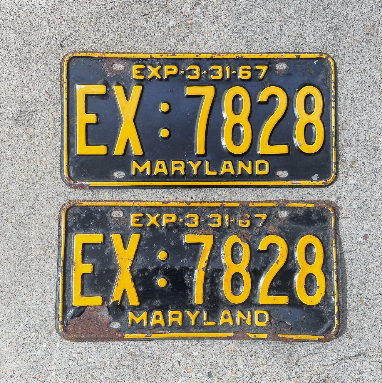 Photo of a 1967 Maryland License Plate Pair Auto Tag Garage Decor Vintage Bad Paint Year EX 7828 with original patina