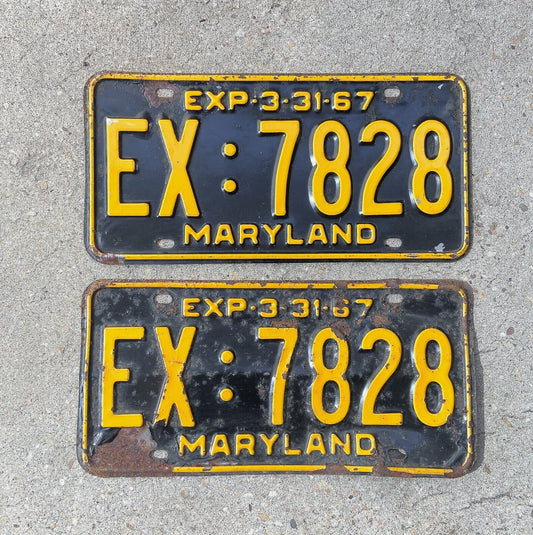 Photo of a 1967 Maryland License Plate Pair Auto Tag Garage Decor Vintage Bad Paint Year EX 7828 with original patina