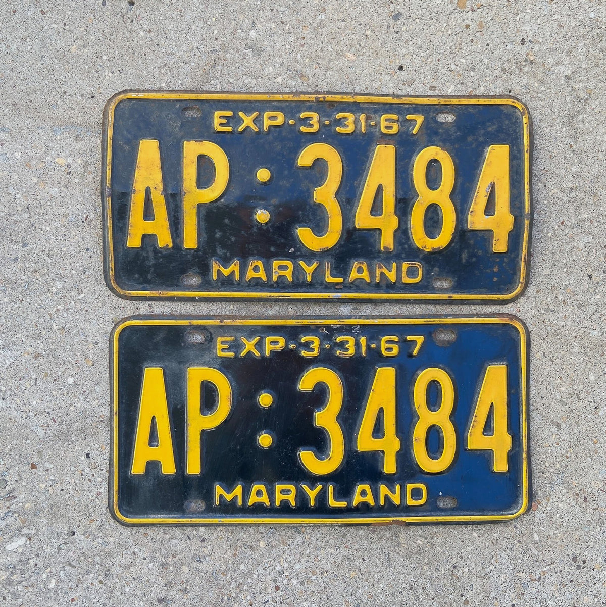 1967 Maryland License Plate Pair Auto Tag Nice Quality Bad Paint Year AP 3484