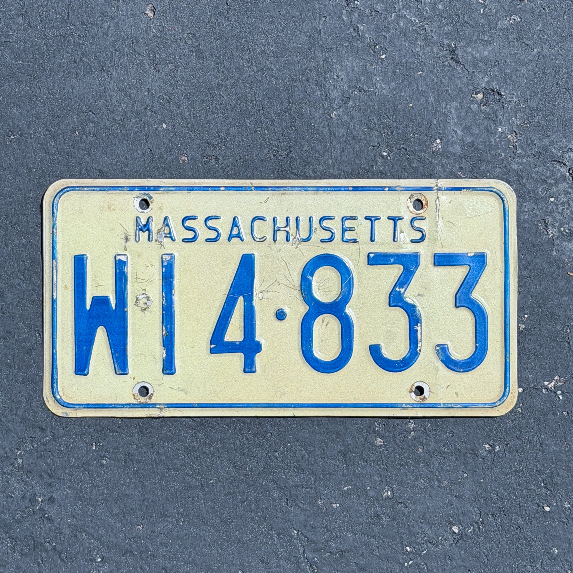 Photo of a 1967 Massachusetts License Plate Auto Tag Garage Decor Vintage W14 833 with original patina