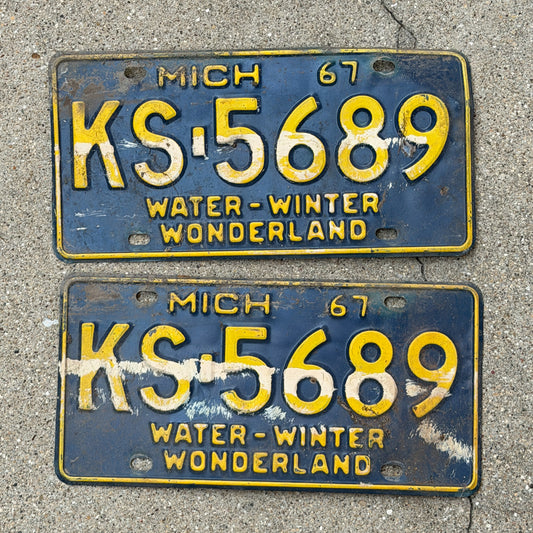 Photo of a 1967 Michigan License Plate Pair Auto Tag Garage Decor Vintage KS 5689 with original patina