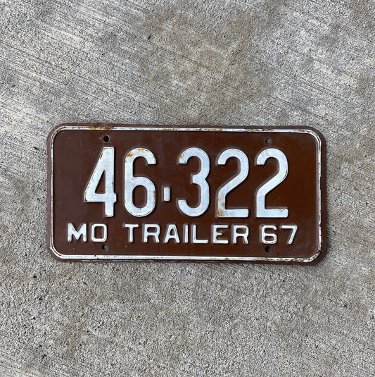 Photo of a 1967 Missouri Trailer License Plate Auto Tag Garage Decor Vintage 46 322 with original patina