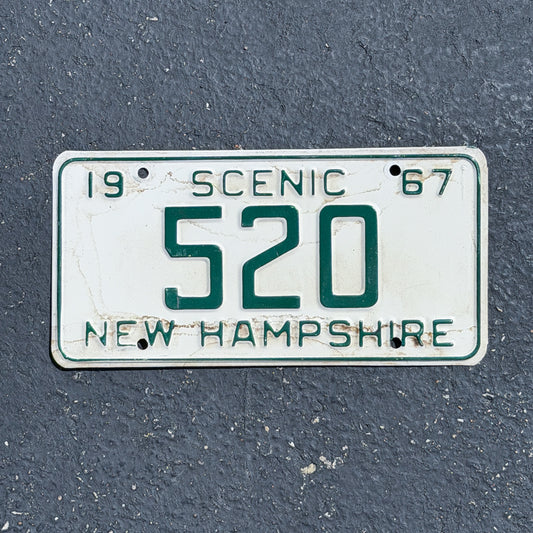Photo of a 1967 New Hampshire License Plate Auto Tag Garage Decor Vintage Low Number Three Digit 520 with original patina