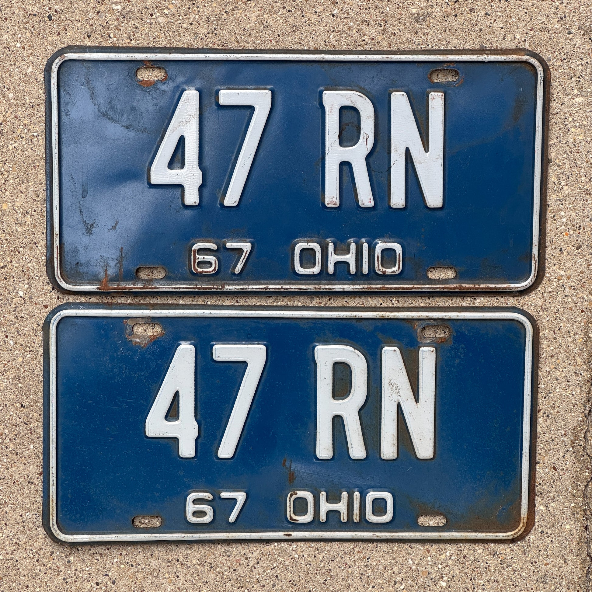 Photo of a 1967 Ohio License Plate Pair Auto Tag Garage Decor Vintage Nurse Gift 47 RN with original patina