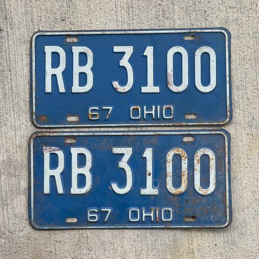 Photo of a 1967 Ohio License Plate Pair Auto Tag Garage Decor Vintage RB 3100 with original patina