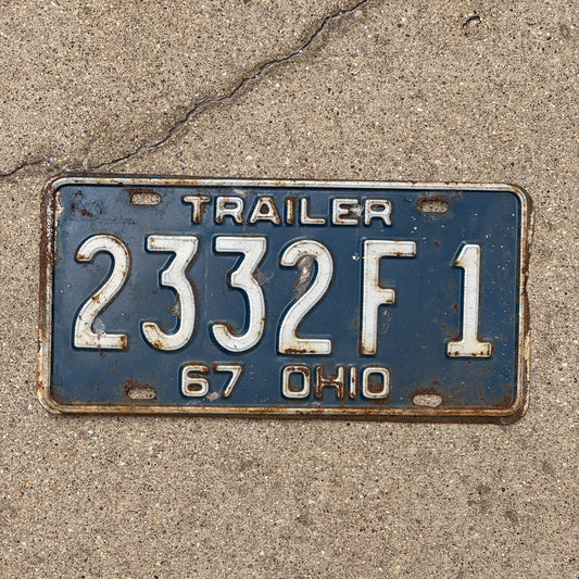 Photo of a 1967 Ohio Trailer License Plate Auto Tag Garage Decor Vintage 2332 F 1 with original patina