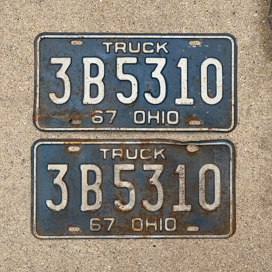 Photo of a 1967 Ohio Truck License Plate Pair Auto Tag Garage Decor Vintage 3 B 5310 with original patina