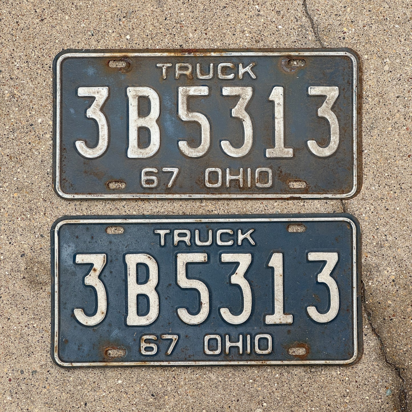 Photo of a 1967 Ohio Truck License Plate Pair Auto Tag Garage Decor Vintage 3 B 5313 with original patina