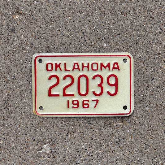 Photo of a 1967 Oklahoma Motorcycle License Plate Auto Tag Garage Decor Vintage 22039 with original patina