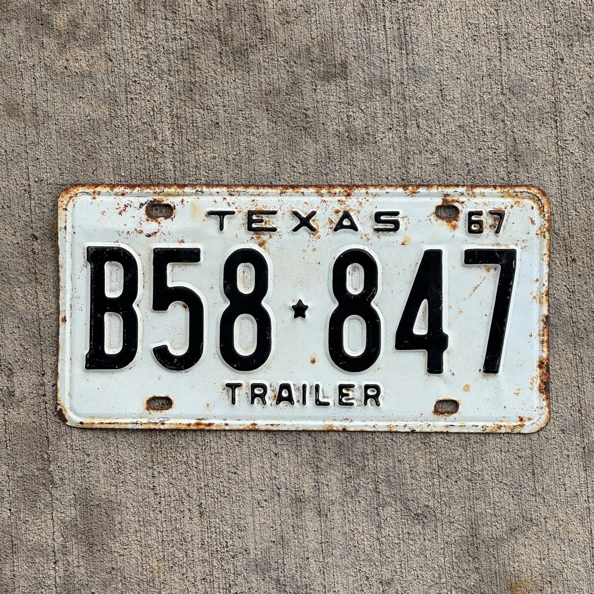 Photo of a 1967 Texas Trailer License Plate Auto Tag Garage Decor Vintage B58 847 with original patina