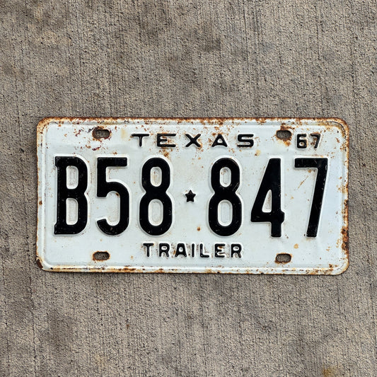 Photo of a 1967 Texas Trailer License Plate Auto Tag Garage Decor Vintage B58 847 with original patina