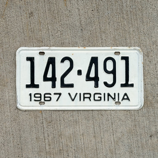 Photo of a 1967 Virginia License Plate Auto Tag Garage Decor Vintage 142 491 with original patina