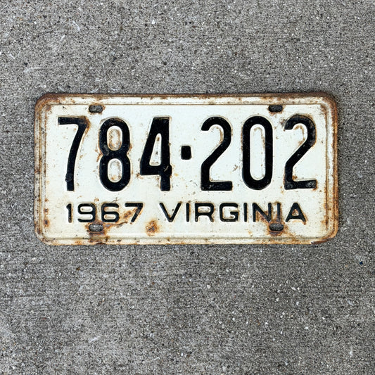 Photo of a 1967 Virginia License Plate Auto Tag Garage Decor Vintage 784 202 with original patina