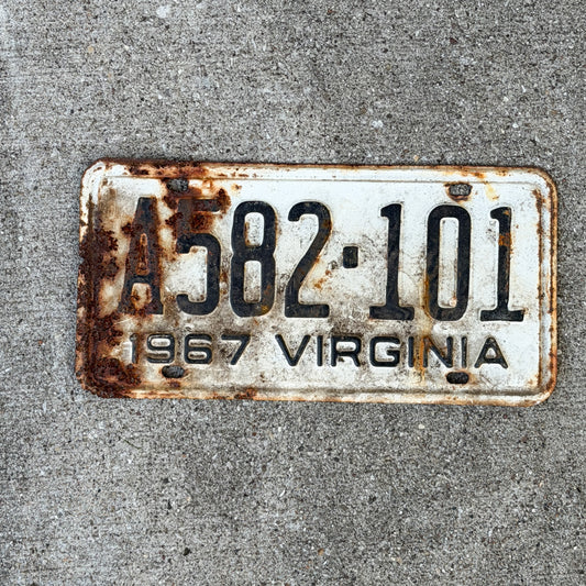 Photo of a 1967 Virginia License Plate Auto Tag Garage Decor Vintage A 582 101 with original patina