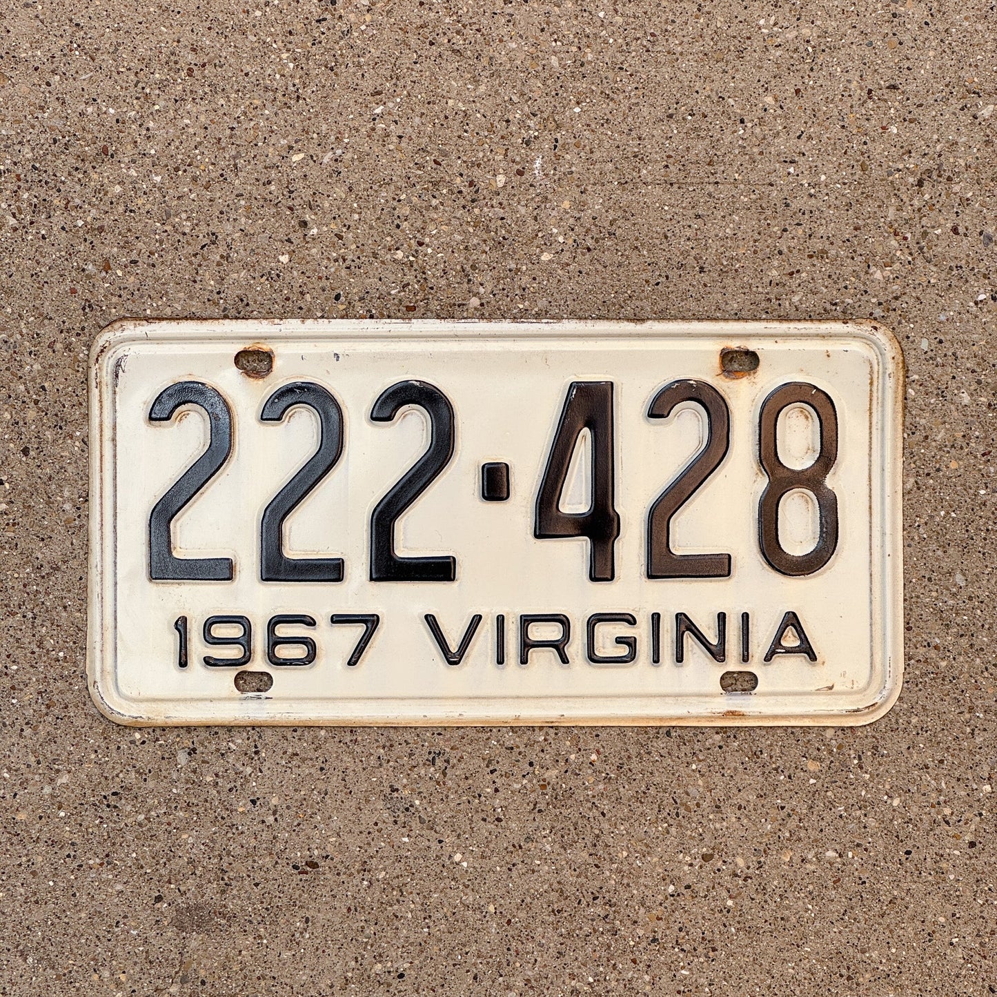 Photo of a 1967 Virginia License Plate Auto Tag Garage Decor Vintage Repeat Repeating 222 428 with original patina