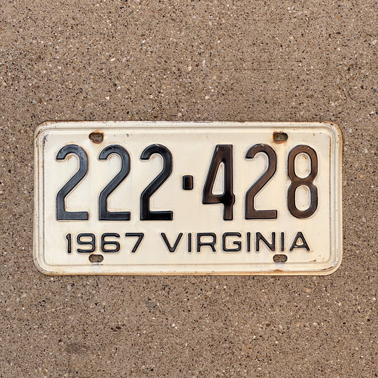 Photo of a 1967 Virginia License Plate Auto Tag Garage Decor Vintage Repeat Repeating 222 428 with original patina