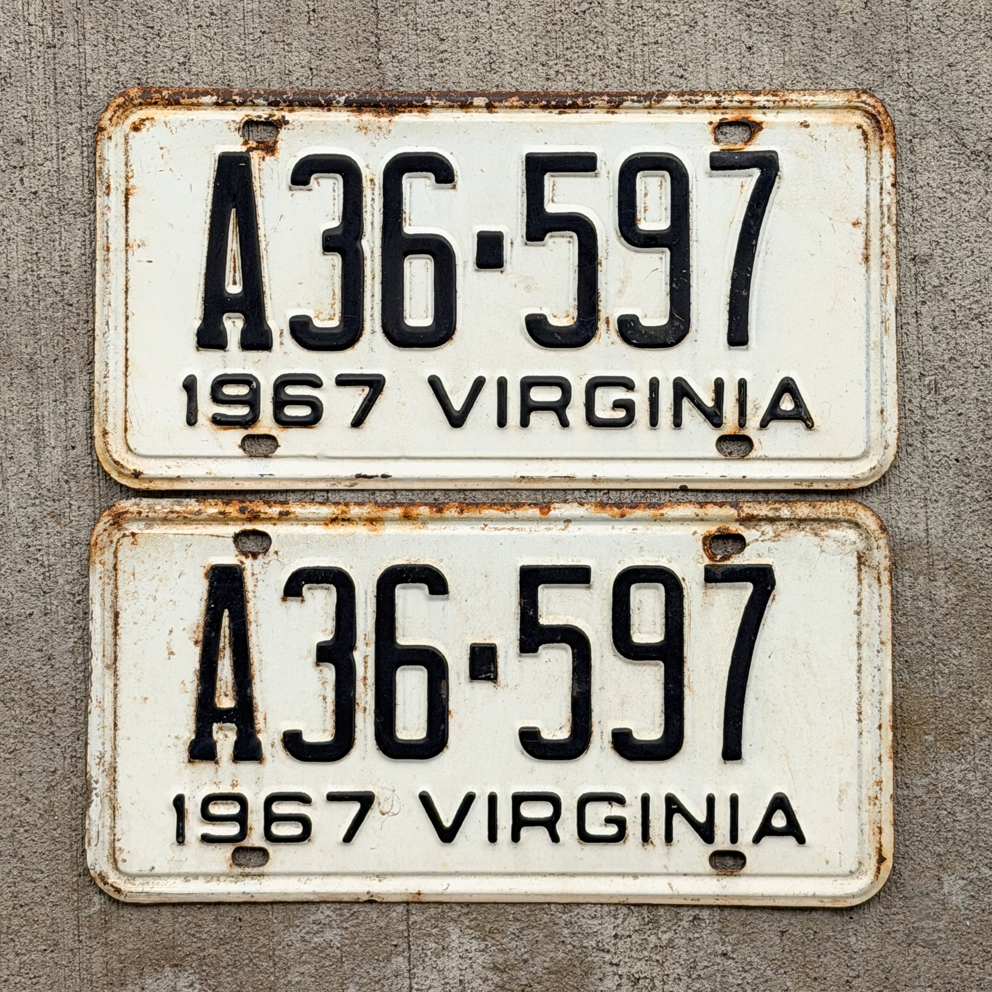 Photo of a 1967 Virginia License Plate Pair Auto Tag Garage Decor Vintage A 36 597 with original patina