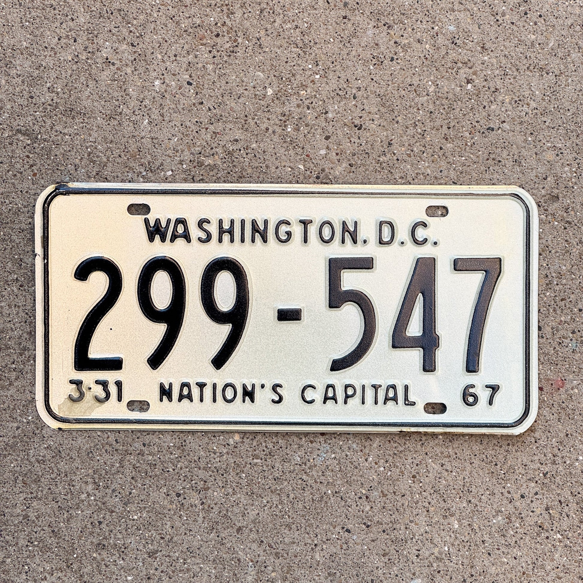Photo of a 1967 Washington DC License Plate Auto Tag 1 Garage Decor 299 547 with original patina