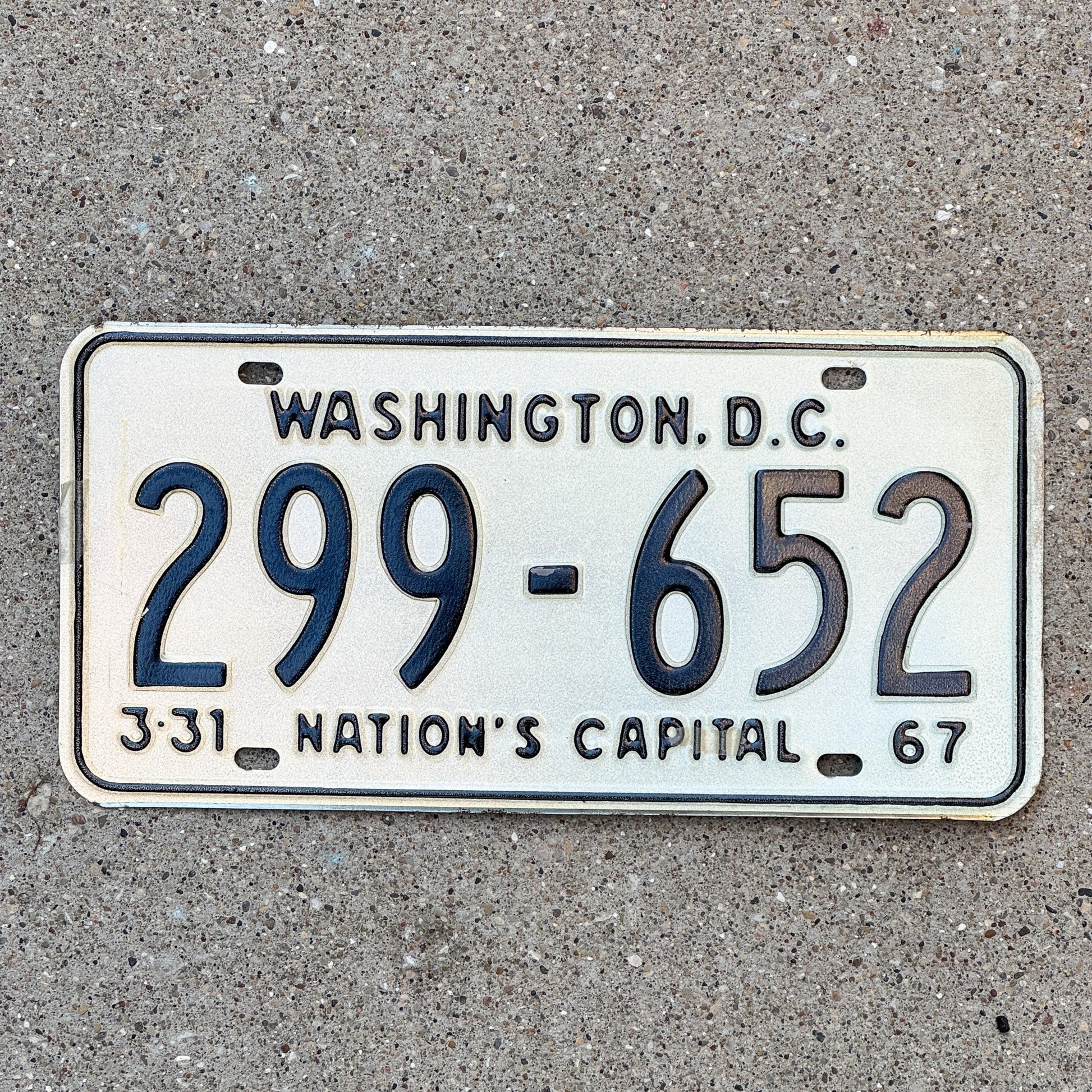 Photo of a 1967 Washington DC License Plate Auto Tag 1 Garage Decor 299 652 with original patina