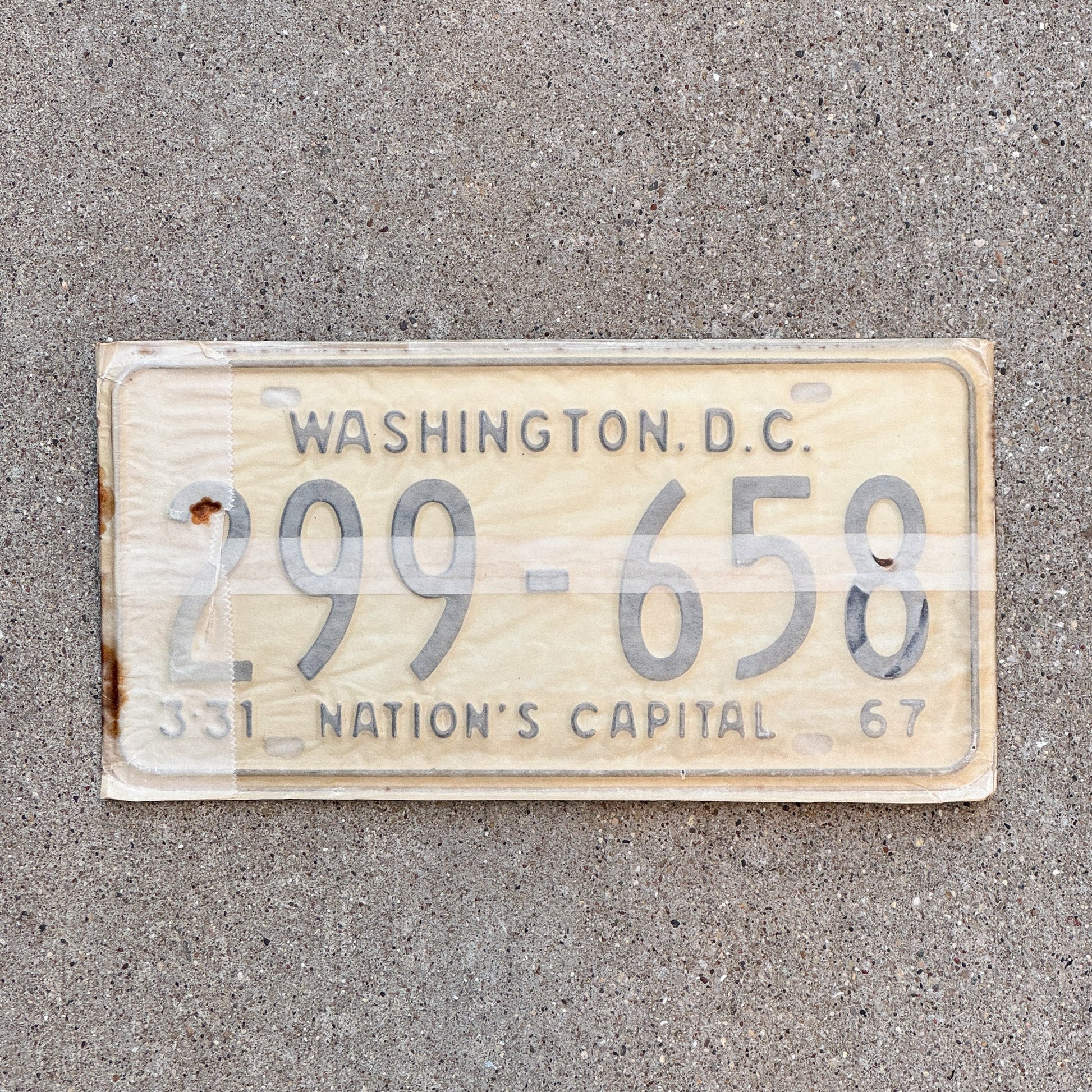 Photo of a 1967 Washington DC License Plate Pair Auto Tag Garage Decor Vintage with Envelope 299 658 with original patina