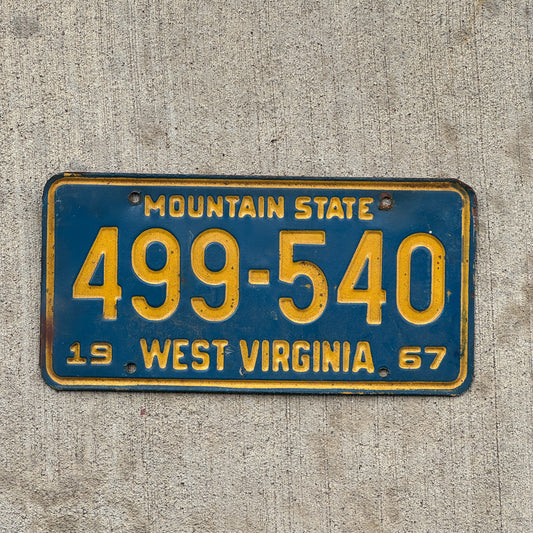 Photo of a 1967 West Virginia License Plate Auto Tag Garage Decor Vintage 499 540 with original patina