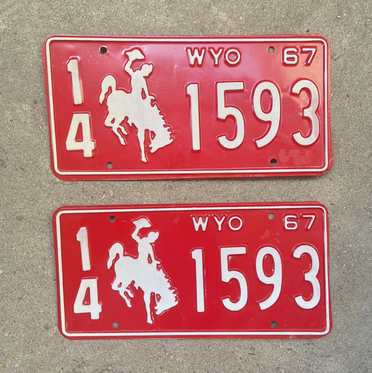 Photo of a 1967 Wyoming License Plate Pair Auto Tag Garage Decor Vintage High Quality 14 1593 with original patina