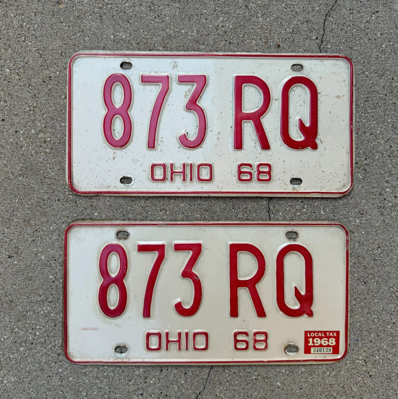 Photo of a 1968 1968 Ohio License Plate Pair Auto Tag Garage Decor Vintage 873 RQ with original patina