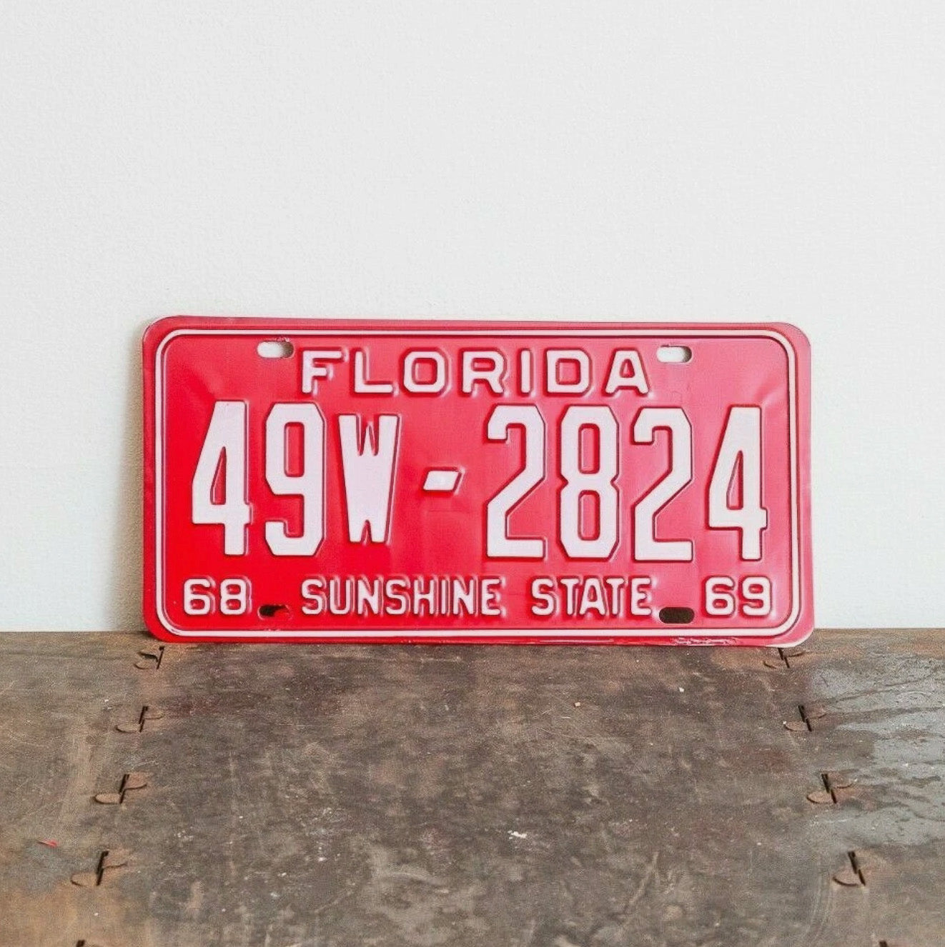 Photo of a 1968 1969 Florida License Plate Auto Tag Garage Decor Vintage High Quality 49 W 2824 with original patina