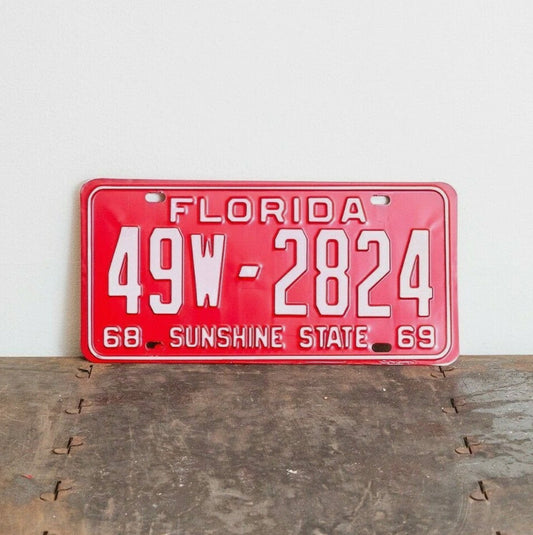 Photo of a 1968 1969 Florida License Plate Auto Tag Garage Decor Vintage High Quality 49 W 2824 with original patina