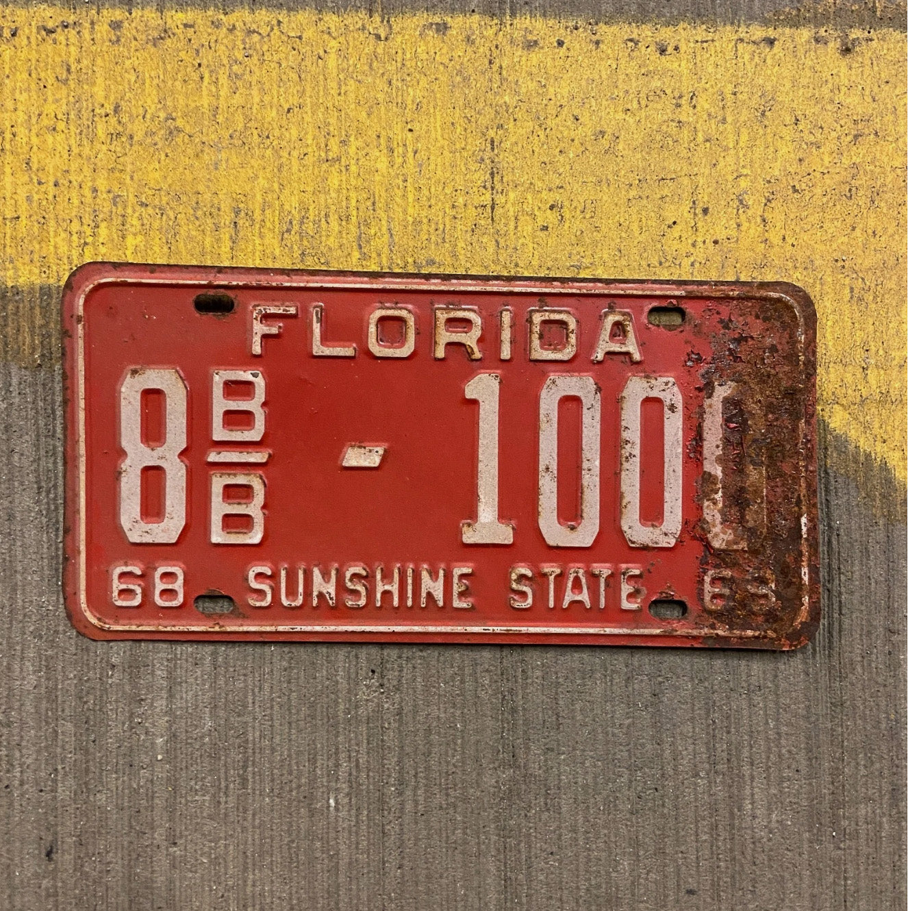 Photo of a 1968 1969 Florida Trailer License Plate Auto Tag Garage Decor Vintage Nice Number 8 BB 1000 with original patina