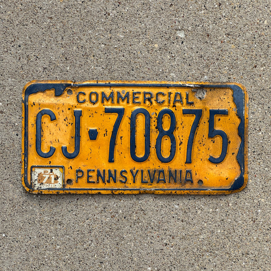 Photo of a 1968 1971 Pennsylvania Commercial License Plate Auto Tag Garage Decor Vintage CJ 70875 with original patina