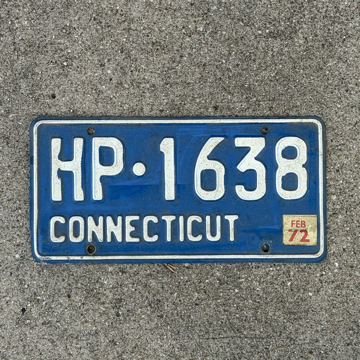 Photo of a 1968 1972 Connecticut License Plate Auto Tag Garage Decor Vintage HP 1638 with original patina