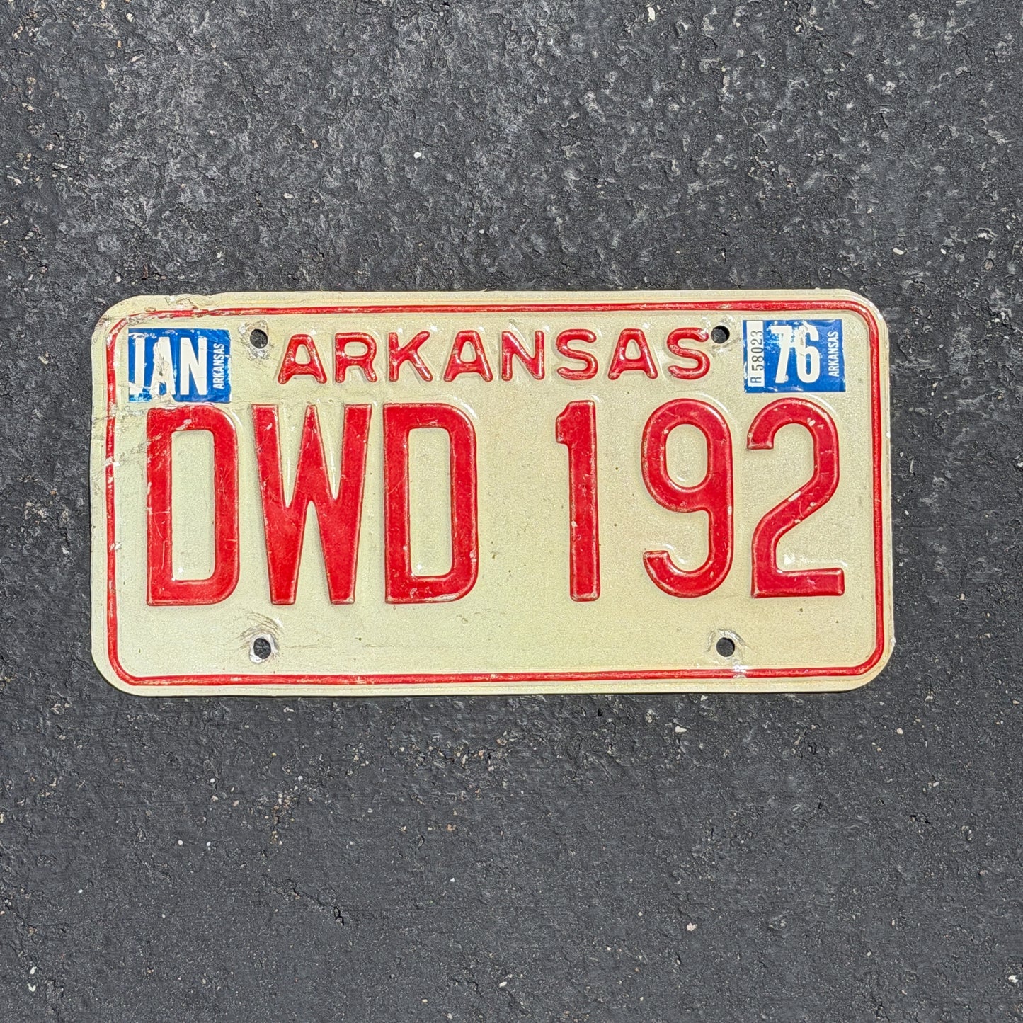 Photo of a 1968 1976 Arkansas License Plate Auto Tag Garage Decor Vintage DWD 192 with original patina