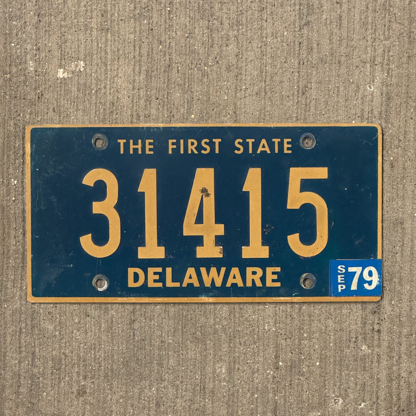 Photo of a 1968 1979 Delaware License Plate Auto Tag Garage Decor Vintage Riveted 31415 with original patina