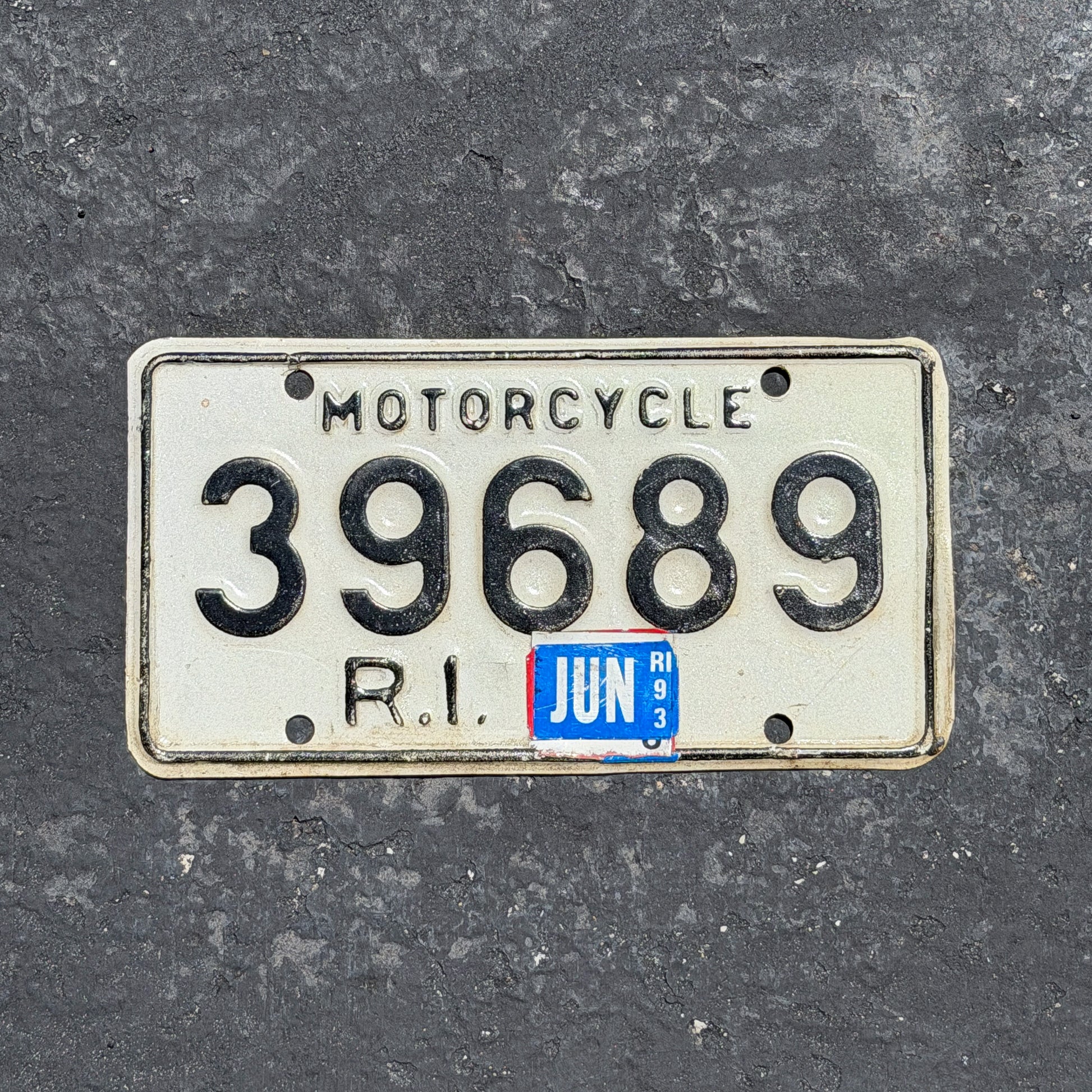 Photo of a 1968 1993 Rhode Island Motorcycle License Plate Auto Tag Garage Decor Vintage 39689 with original patina