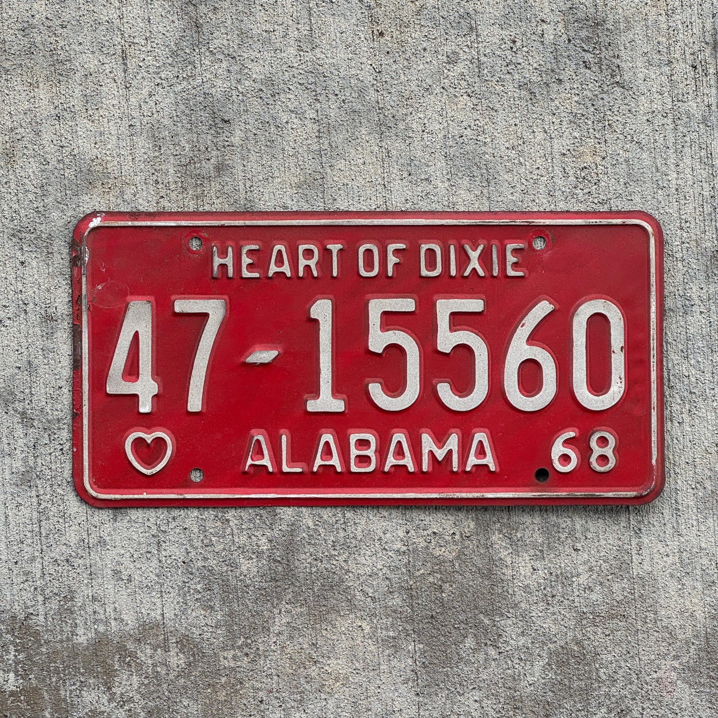 Photo of a 1968 Alabama License Plate Auto Tag Garage Decor Vintage Heart of Dixie 47 15560 with original patina