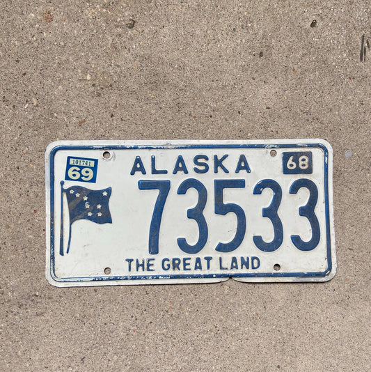 Photo of a 1968 Alaska License Plate Auto Tag Garage Decor Vintage Flag The Great Land 73533 with original patina