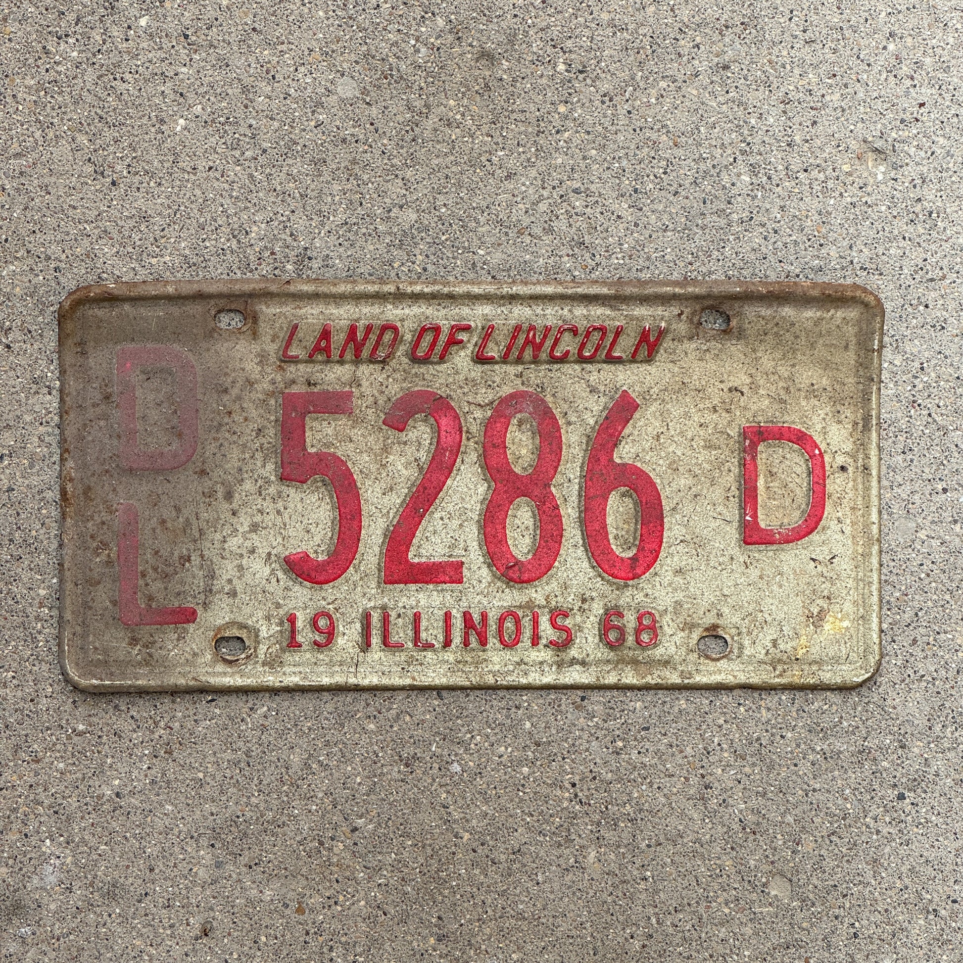 Photo of a 1968 Illinois Dealer License Plate Auto Tag 1 Vintage Garage 5286 D with original patina
