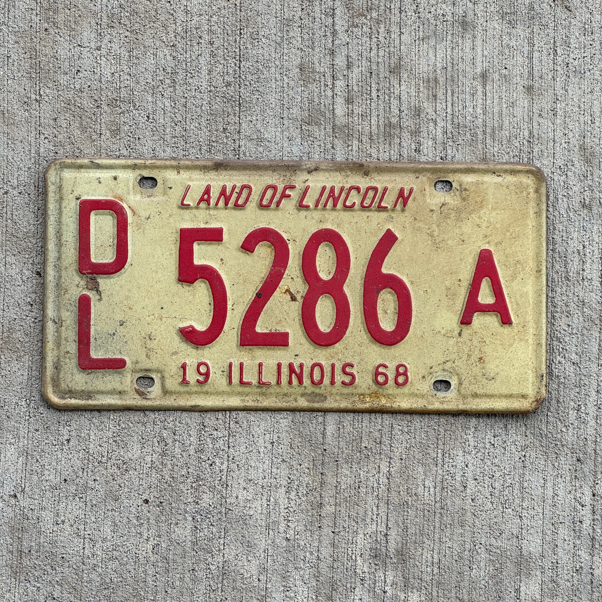 Photo of a 1968 Illinois Dealer License Plate Auto Tag 2 Vintage Garage 5286 A with original patina