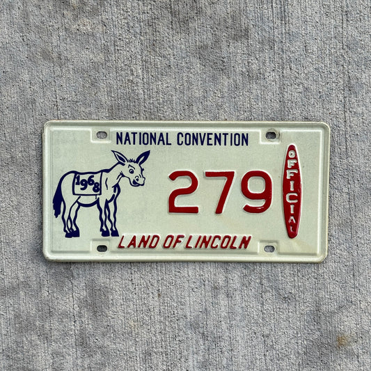 Photo of a 1968 Illinois DNC National Convention Official License Plate Auto Tag Garage Decor Vintage Chicago Democrat Politics Political 279 with original patina