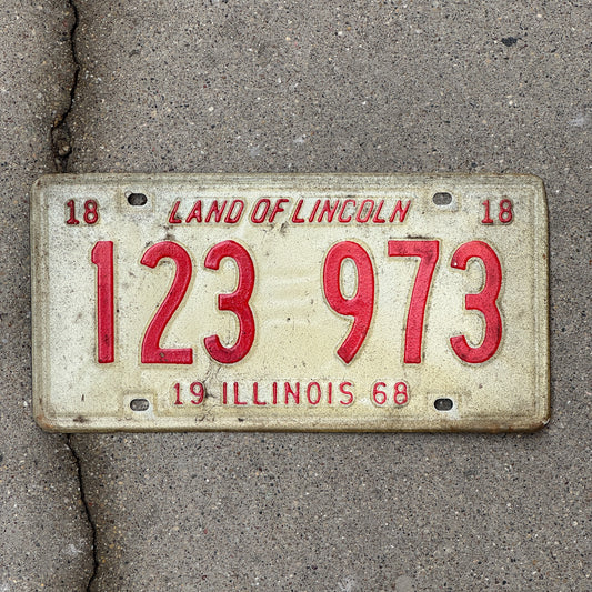 Photo of a 1968 Illinois License Plate Auto Tag 1 Vintage Garage 123 973 with original patina