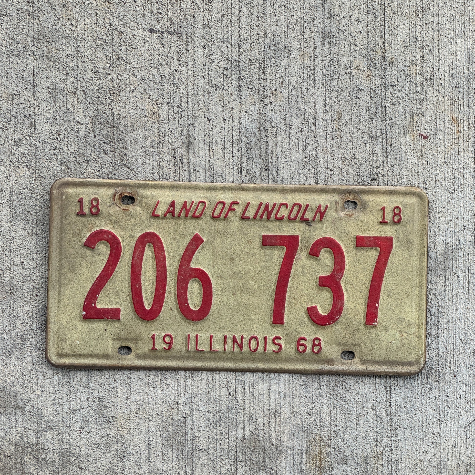 Photo of a 1968 Illinois License Plate Auto Tag 1 Vintage Garage 206 737 with original patina