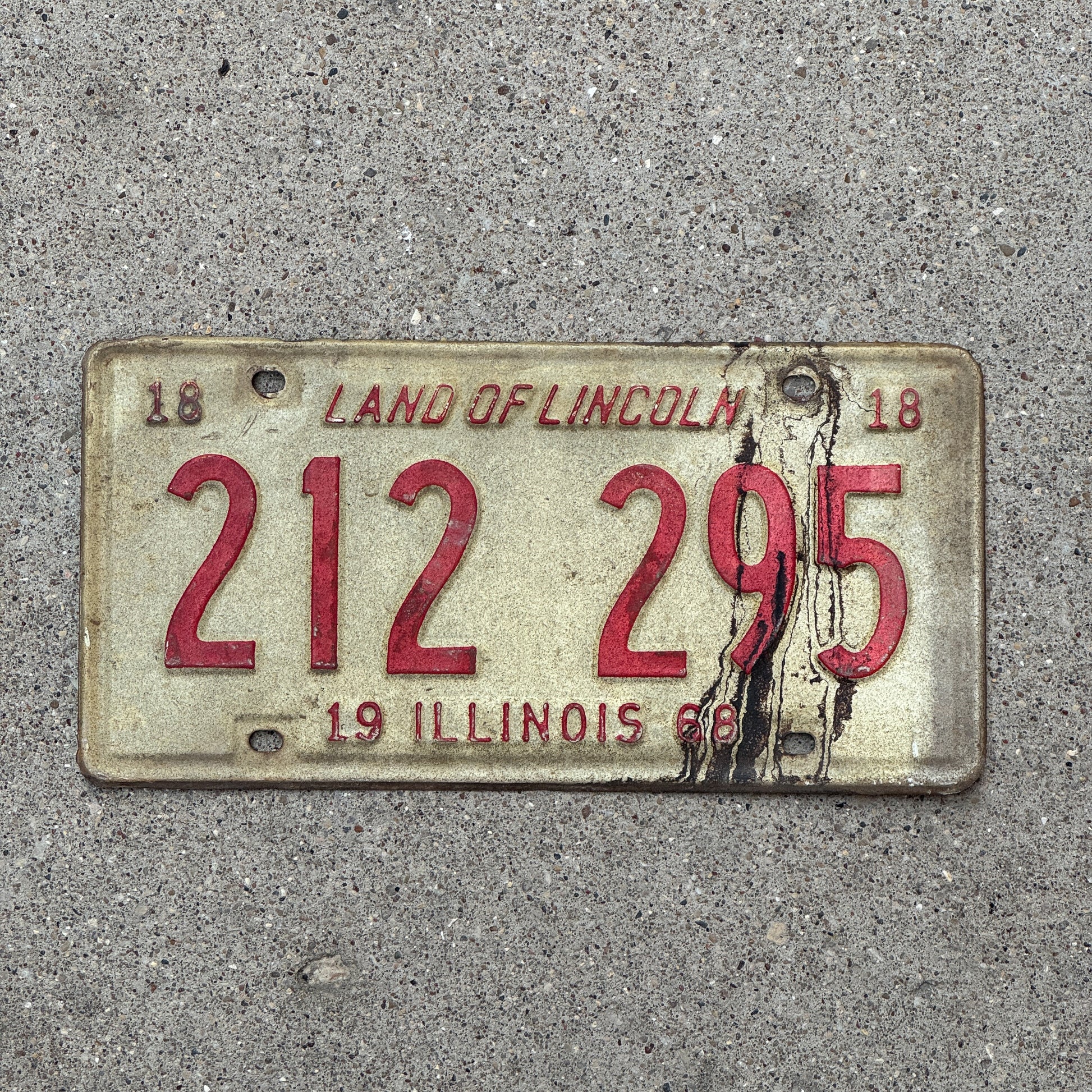 Photo of a 1968 Illinois License Plate Auto Tag 1 Vintage Garage 212 295 with original patina