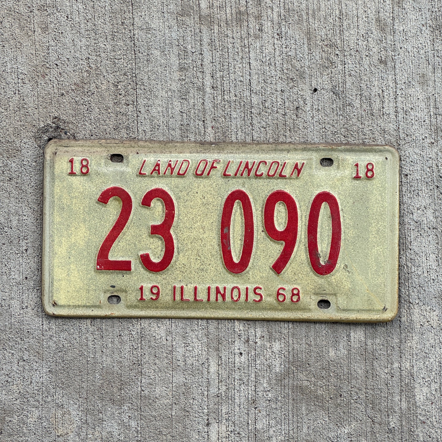 Photo of a 1968 Illinois License Plate Auto Tag 1 Vintage Garage 23 090 with original patina