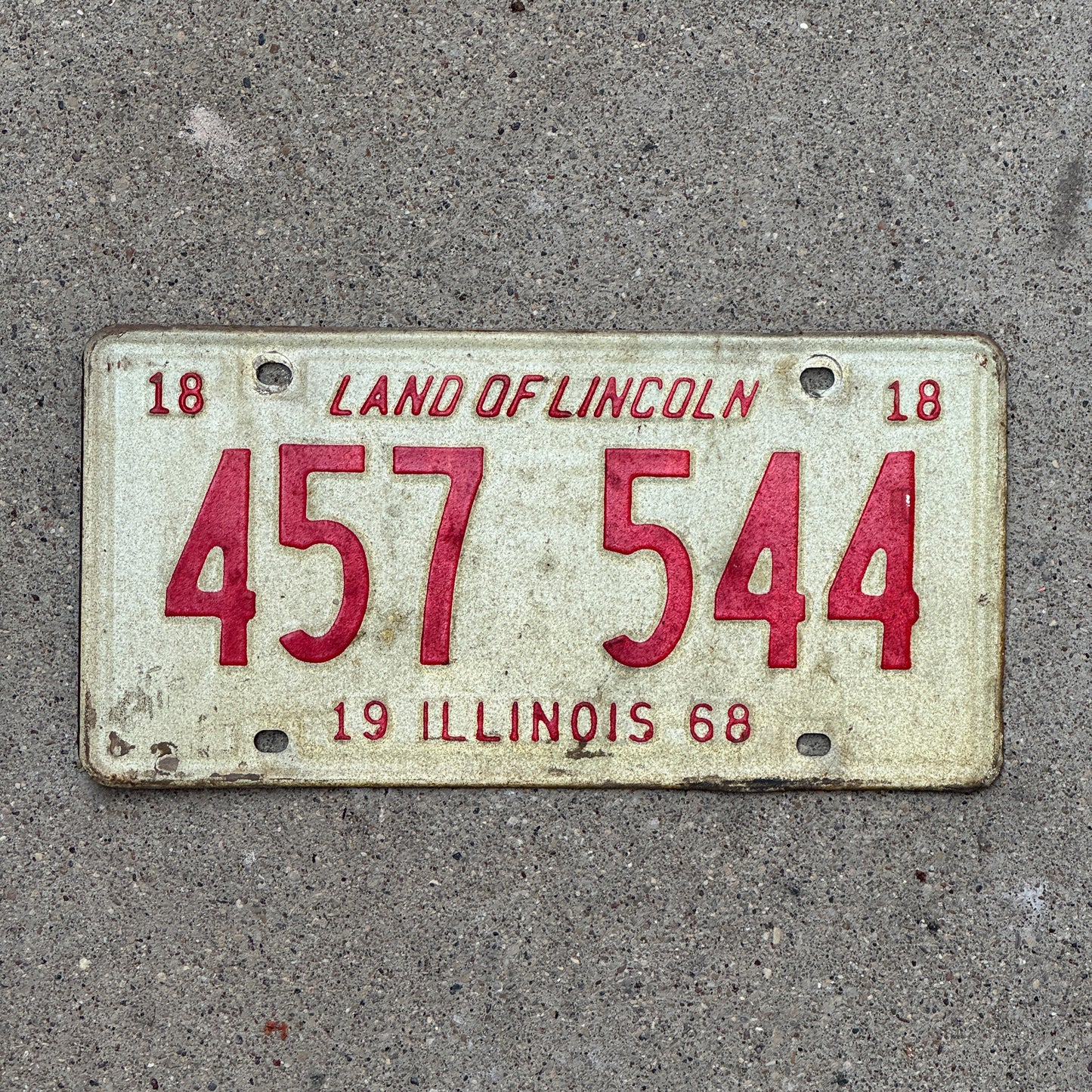 Photo of a 1968 Illinois License Plate Auto Tag 1 Vintage Garage 457 544 with original patina
